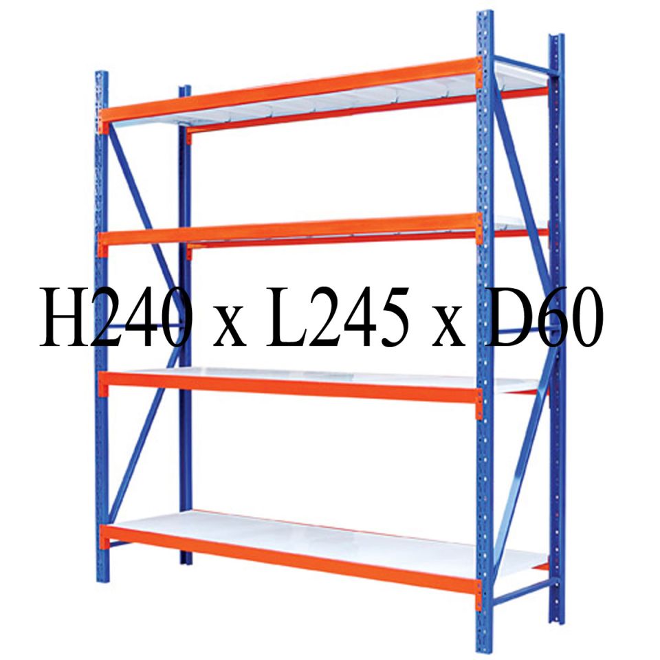 Warehouse rack H240 × L245 × D60cm with blue uprights, orange beams and four shelves