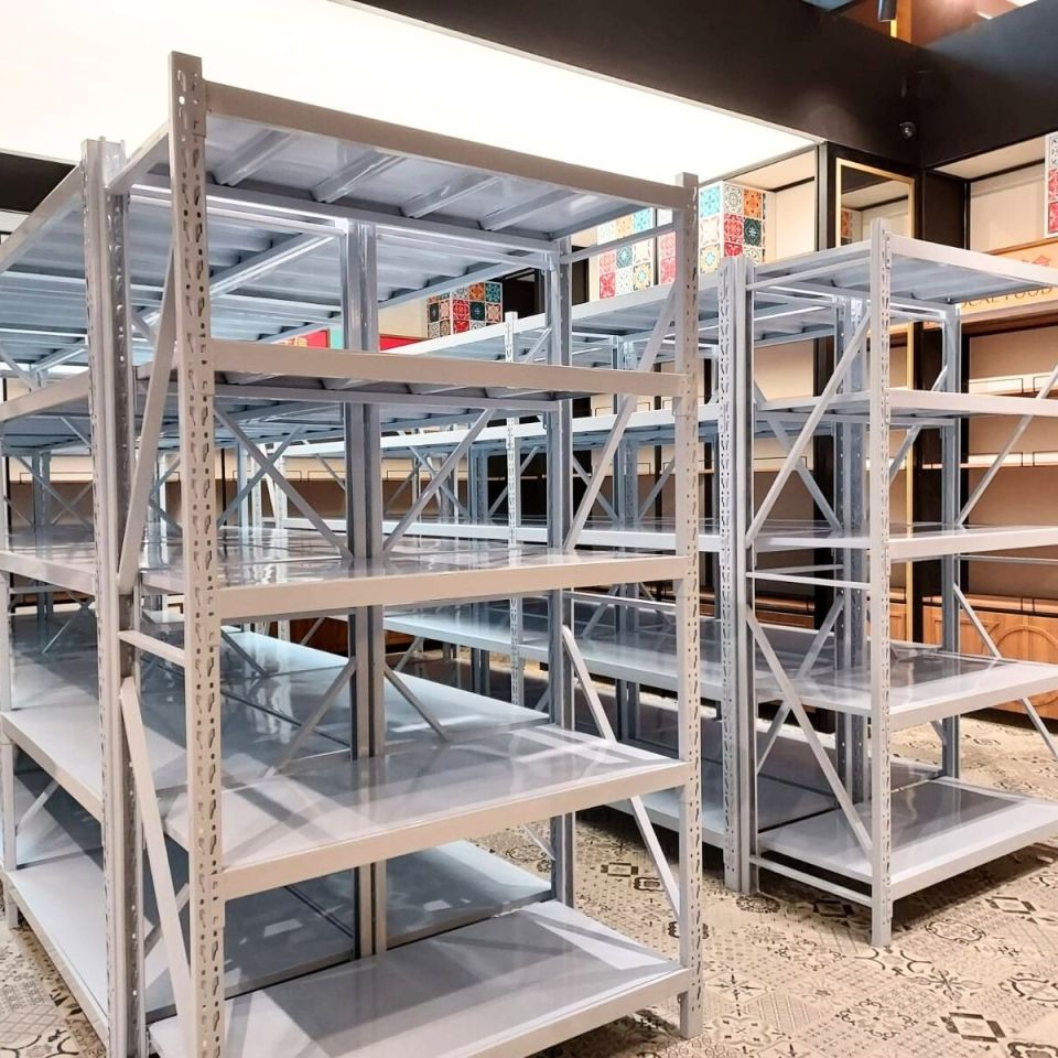 White boltless racks set up in an office storage area